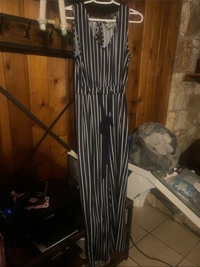 Wrapper Navy and White Vertical Stripe Sleeveless Jumpsuit with Tie Waist